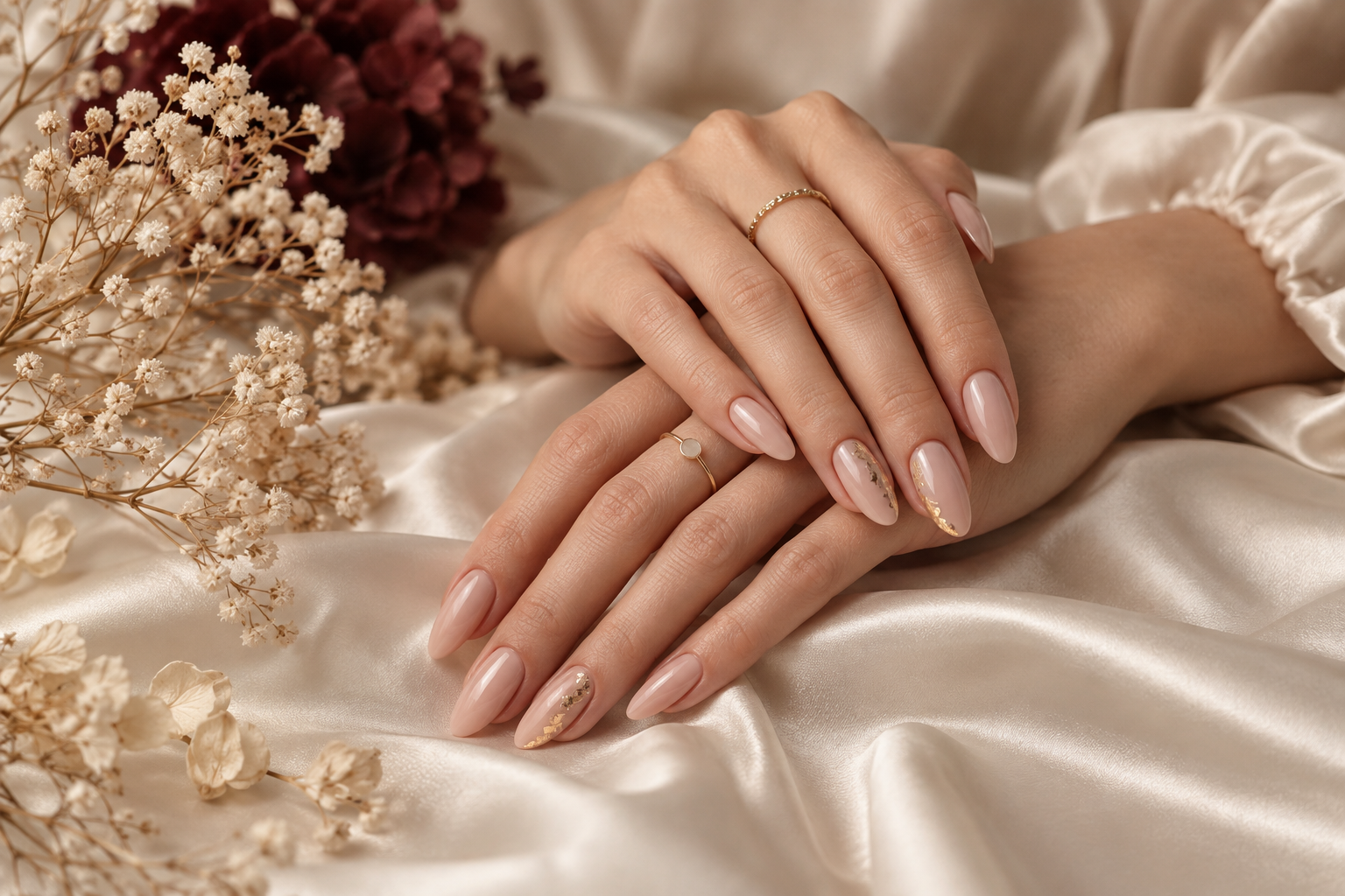 Elegantes Nageldesign in Nude mit feinen goldenen Akzenten